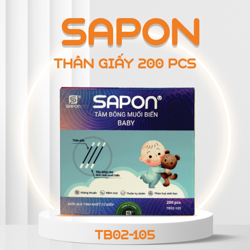 Tăm bông muối biển SAPON trẻ em thân giấy hộp 200 pcs TB02-105