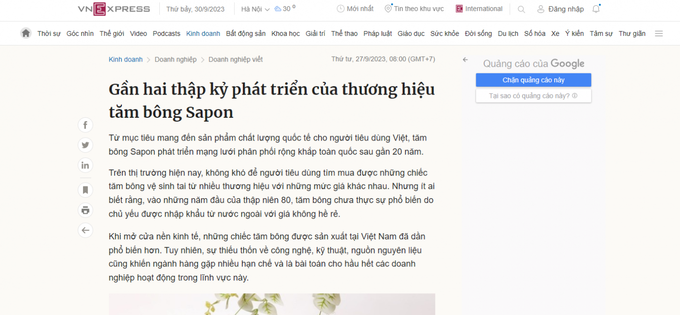 Báo VnExpress: ​Gần hai thập kỷ phát triển của thương hiệu tăm bông Sapon