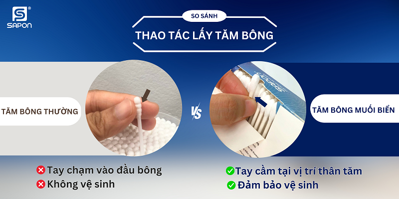 Sự khác biệt trong thao tác lấy que tăm ra giữa tăm bông muối biển Sapon và sản phẩm thường